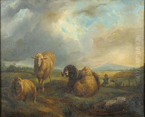 Herder En Schapen In Een Landschap. Oil Painting by Balthasar Paul Ommeganck