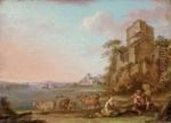 An Italianate River Landscape Oil Painting by Balthasar Paul Ommeganck