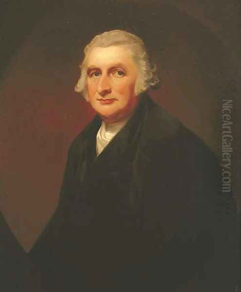 Portrait of James Farrer, Esq., half-length, in a black jacket, in a painted oval Oil Painting by George Romney