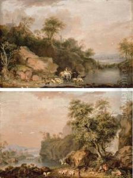 A Rocky River Landscape; And A Rocky River Landscape With Travellers Oil Painting by Balthasar Paul Ommeganck