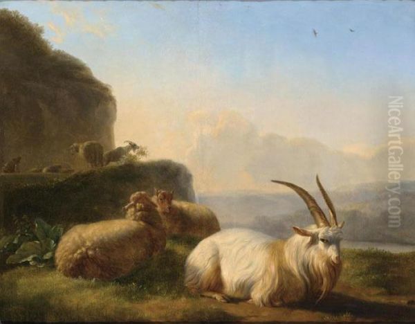 Goats And Sheep With Their Shepherd In A Mountainous Landscape Oil Painting by Balthasar Paul Ommeganck