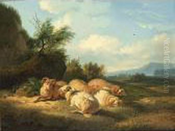 Sheep And A Ram Resting In A Landscape Oil Painting by Balthasar Paul Ommeganck