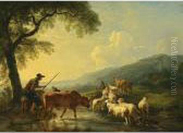 An Extensive Hilly Landscape 
With Shepherds And Their Herd Of Cows, Sheep, Goats And Donkeys Fording A
 Stream At Sunset Oil Painting by Balthasar Paul Ommeganck