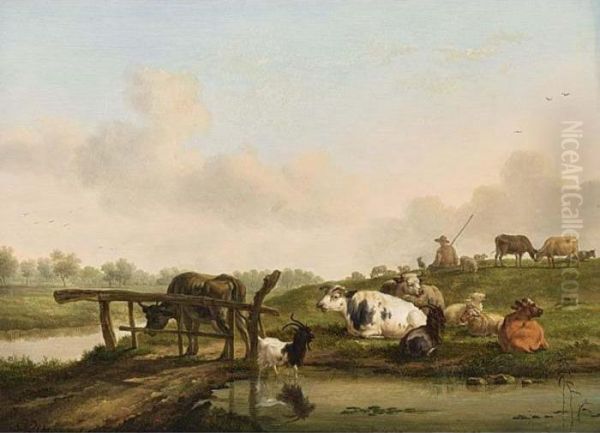 A River Landscape With A Shepherd And His Cattle Resting Oil Painting by Balthasar Paul Ommeganck