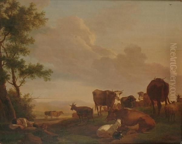 A Young Shepherd Asleep On A Bank With Cattle And Goats Nearby Oil Painting by Balthasar Paul Ommeganck