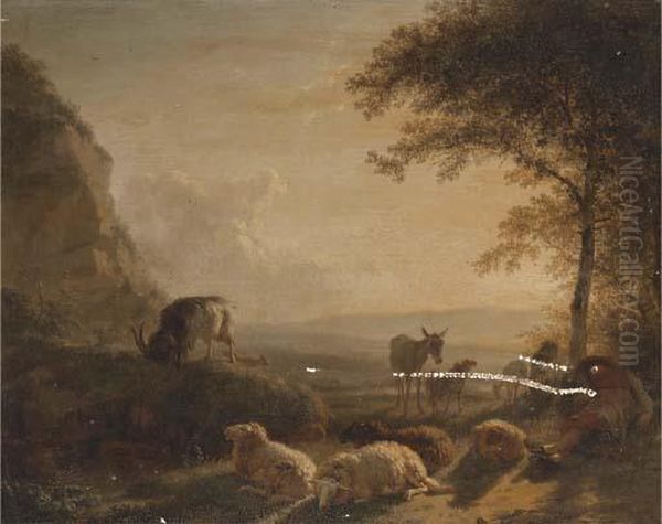 A Landscape With A Shepherd And His Flock At Sunset Oil Painting by Balthasar Paul Ommeganck