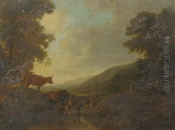 A Landscape With Shepherds And Their Cattle By A Creek Oil Painting by Balthasar Paul Ommeganck