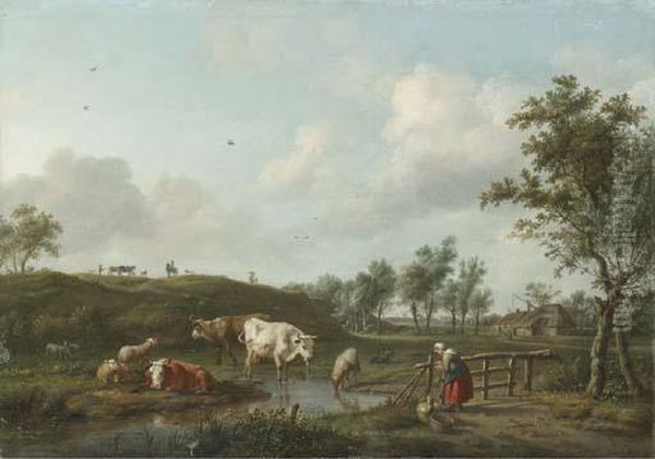 A Landscape With Cows Watering And A Shepherdess Mending A Fence Oil Painting by Balthasar Paul Ommeganck