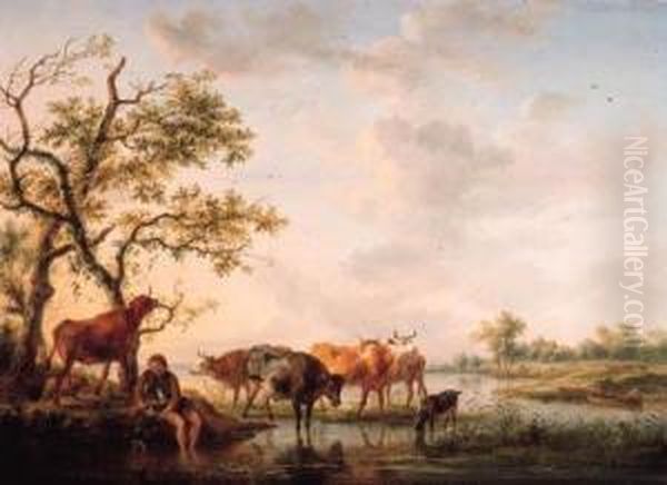 A Cowherd Watering Cattle At Sunset Oil Painting by Balthasar Paul Ommeganck