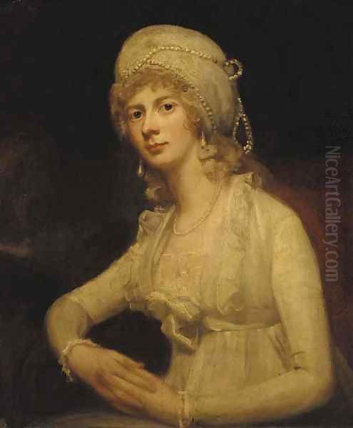 Portrait of a lady, seated half-length, in a white dress and white pearl-trimmed cap Oil Painting by George Romney