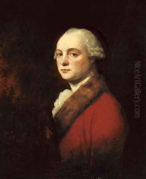 Portrait of John Kenwich, Jr., bust-length, in a red coat with fur trim Oil Painting by George Romney