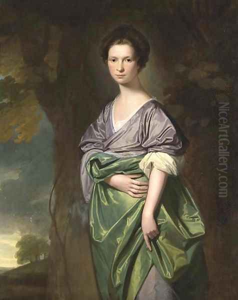 Portrait Of Mrs. James Fletcher, Three-Quarter-Length, In A Lilac Dress With A Green Wrap, In A Wooded Landscape Oil Painting by George Romney