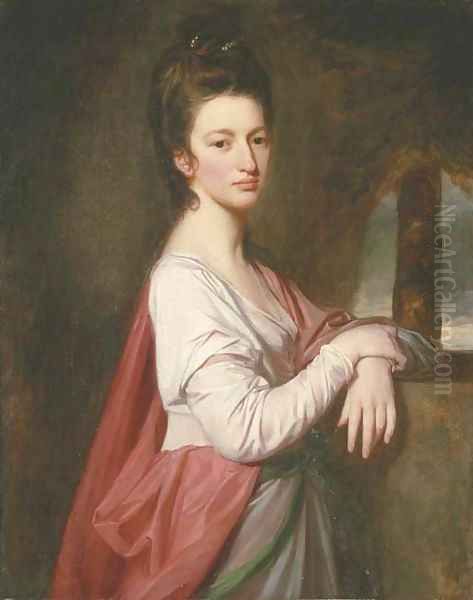 Portrait of a lady, traditionally identified as Mrs. Nelthorpe, three-quarter-length, in a white dress and pink shawl Oil Painting by George Romney