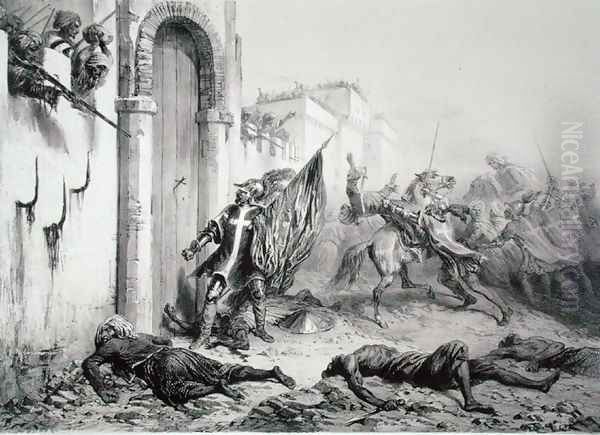 Ponce de Balagner at the Bab-Azoun Gate, from a volume commemorating the French Expeditionary Force which captured Algiers in 1830, engraved by Eugene Charles Francois Guerard 1821-66 Oil Painting by Auguste Raffet