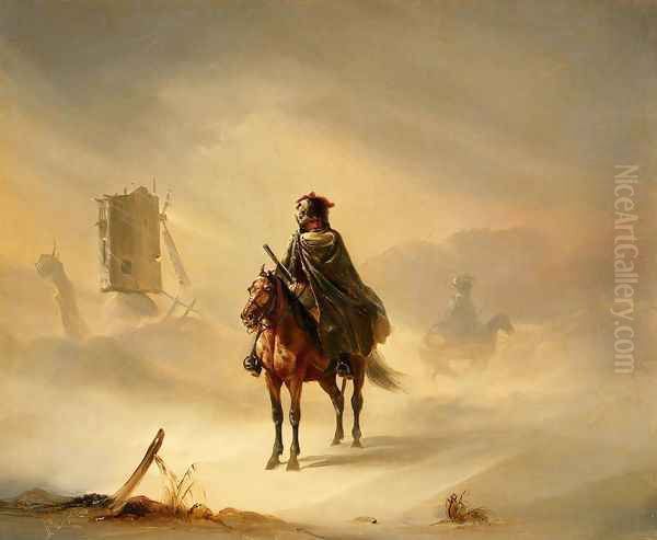 Two French Hussars on Patrol in Winter Oil Painting by Auguste Raffet