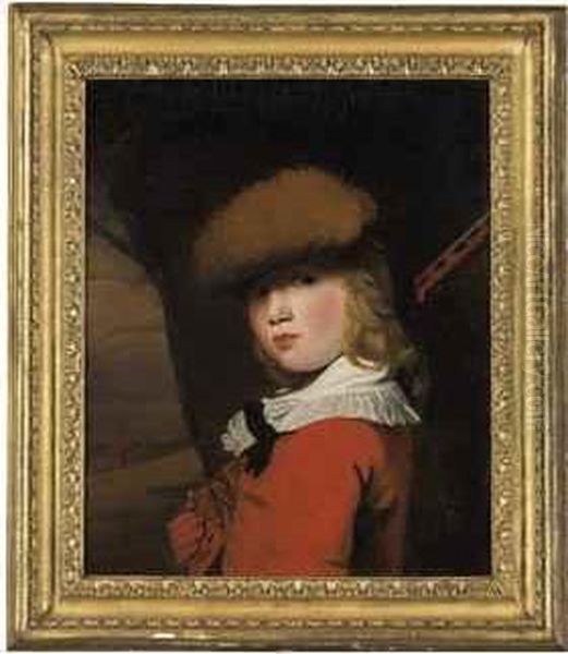 Portrait Of A Boy, Bust-length, 
In A Red Coat With A White Collarand A Fur Hat, Holding A Gun, In A 
Landscape - Unfinished Oil Painting by John Opie