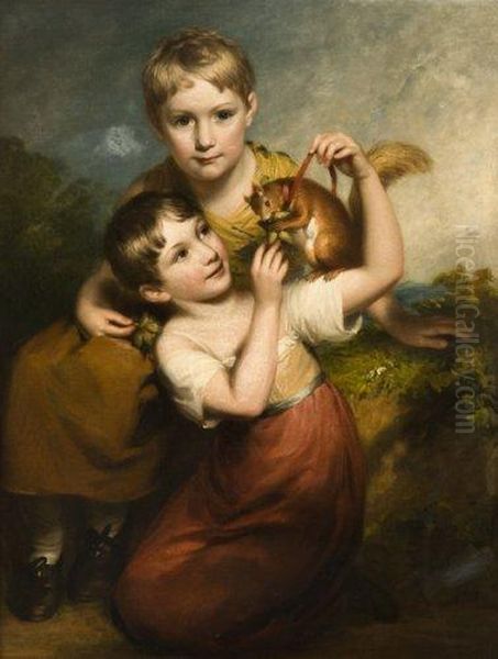 Deux Jeunes Enfants Donnant Des Noisettes A Un Ecureuil Oil Painting by John Opie