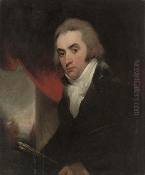 Portrait Of An Artist, 
Half-length, In A Black Coat, Paint Brushes In His Left Hand, A Draped 
Curtain Beyond Oil Painting by John Opie