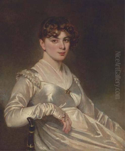 Portrait Of A Lady, Three-quarter Length, Seated In A White Silkdress Oil Painting by John Opie