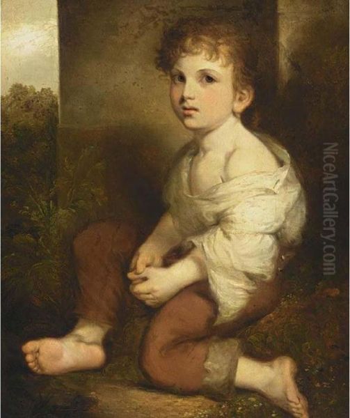 R.a., A Portrait Of A Seated Young Boy, Wearing A Pair Of Red Trousers And A White Shirt Oil Painting by John Opie