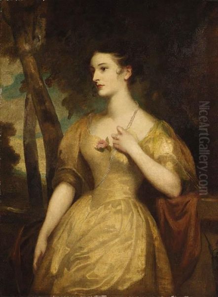 Portrait Of A Lady Said To Be 
Miss Harford, Standing Three-quarterlength In A Landscape By A Pedestal,
 Wearing A Yellow Dress And Apearl Necklace Oil Painting by John Opie