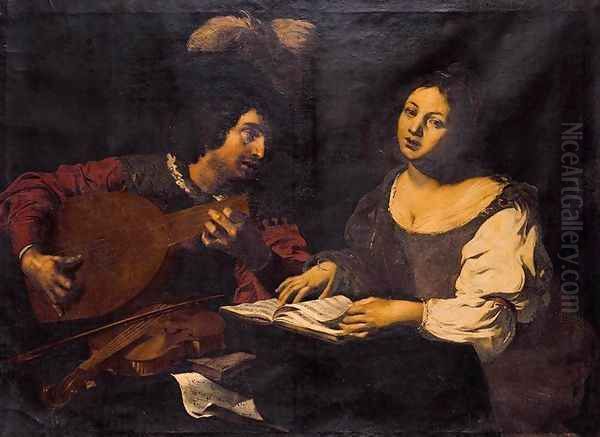 A Musician Playing a Lute to a Singing Girl 1621-22 Oil Painting by Niccolo Renieri (see Regnier, Nicolas)