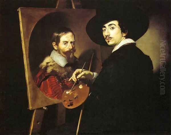 Self-Portrait with a Portrait on an Easel Oil Painting by Niccolo Renieri (see Regnier, Nicolas)