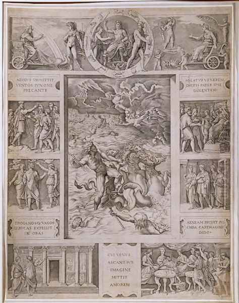 Quos Ego, Neptune Calming the Storm, with borders showing further scenes from Virgils Aeneid, engraved by Marcantonio Raimondi 1480-1534 c.1515-16 Oil Painting by Raphael (Raffaello Sanzio of Urbino)