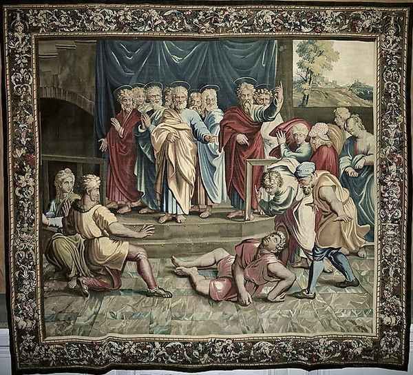 The Death of Ananias, from a series depicting the Acts of the Apostles, woven at the Beauvais Workshop under the direction of Philippe Behagle 1641-1705 1695-98 Oil Painting by Raphael (Raffaello Sanzio of Urbino)