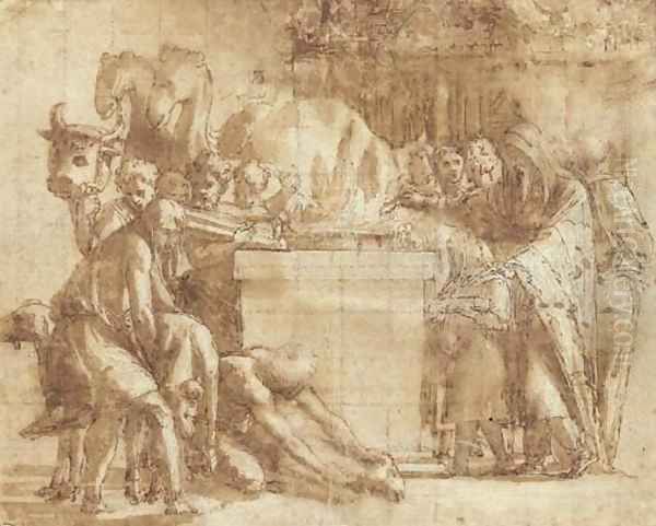 A pagan sacrifice with figures bringing rams to an altar Oil Painting by Raphael (Raffaello Sanzio of Urbino)