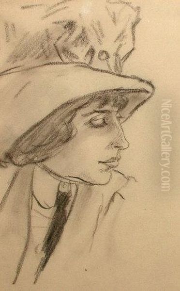 Portrait Ofa Woman In A Hat Oil Painting by Emil Orlik