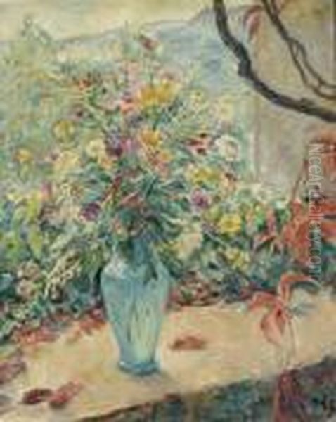 Bunter Blumenstrauss In Blauer Vase Auf Einer Brustung. Oil Painting by Emil Orlik