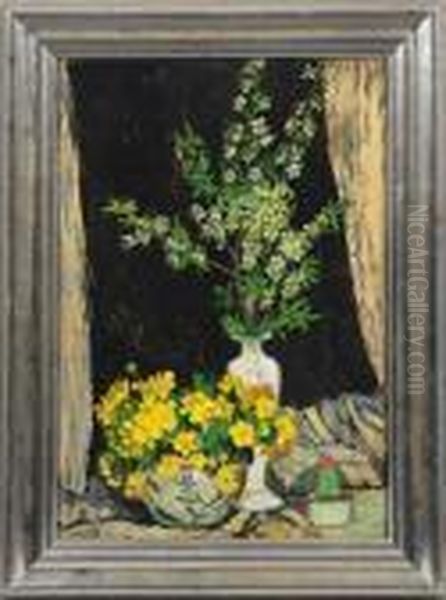 Blumenstillleben Mit Bluhenden Kirschzweigen In Einer Vase Oil Painting by Emil Orlik