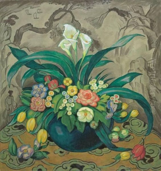 Blumenstilleben Mit Blauer Vase Oil Painting by Emil Orlik