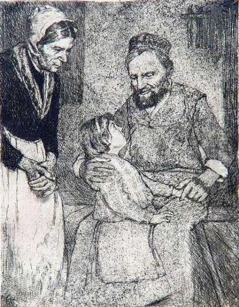 Orlik, Emil: Grandparents With 
Grandchild,1896. Etching. Signed And Dated. - Minimally Brownish. 
Minimallystained. Reverse Remains Of Old Mounting Oil Painting by Emil Orlik