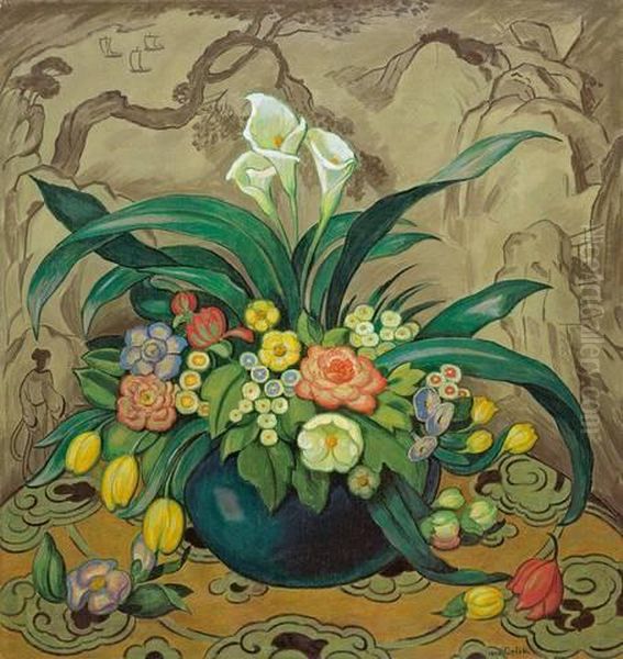 Blumenstilleben Mit Blauer Vase Oil Painting by Emil Orlik