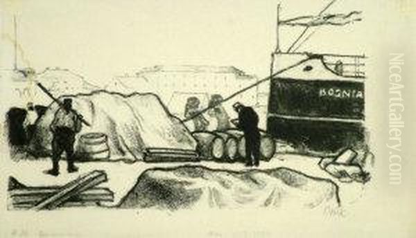 German -- Figures Working By A 
Quayside; Lithograph On Japan Paper, Signed In Pencil, 14x23cm: Together
 With One Other Lithograph By The Same Hand On Japan Paper By The Same 
Hand Depicting Two Seated Arab Women: Together With A Large Collection 
Of Oil Painting by Emil Orlik