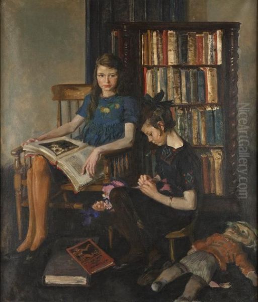 Study Of Two Young Girls Seated In A Library With Dolls Oil Painting by Sir William Newenham Montague Orpen