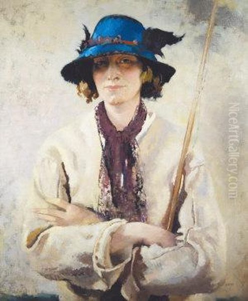 The Blue Hat, Portrait Of Vera Hone From The Angler Series Oil Painting by Sir William Newenham Montague Orpen