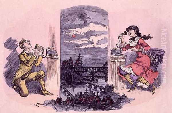 Morality, Tranquility and Happiness - The Telephone Conversation, from The Twentieth Century, 1884 Oil Painting by Albert Robida