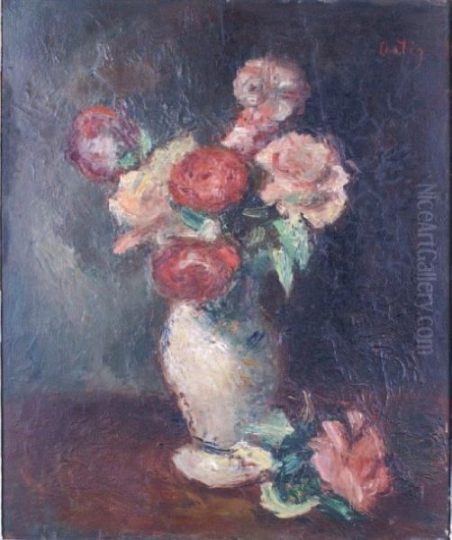 Vase De Roses Oil Painting by Manuel Ortiz De Zarate