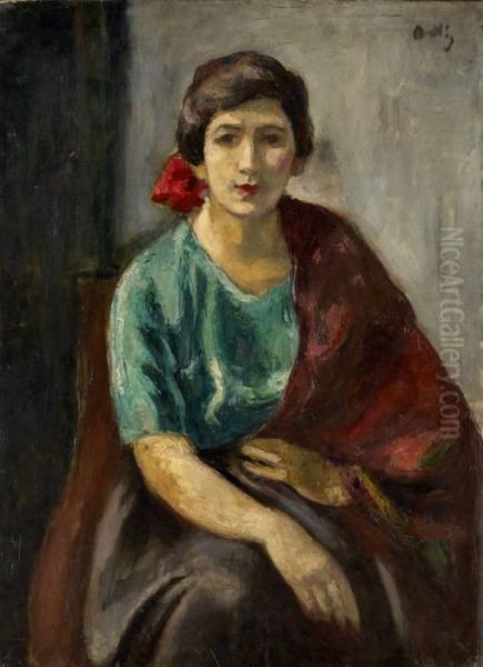 Femme Au Ruban Rouge Oil Painting by Manuel Ortiz De Zarate