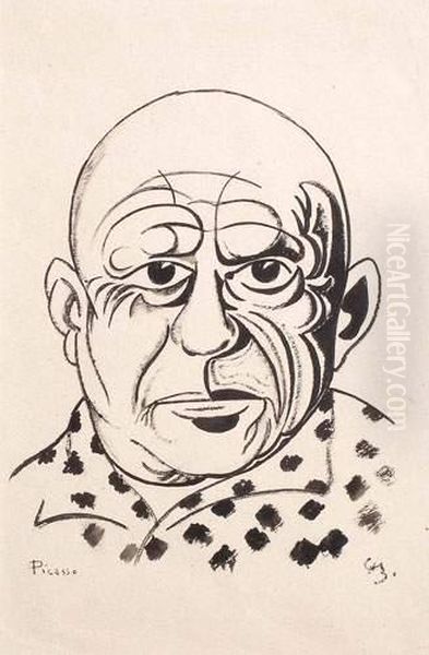 < Portrait De Picasso >. Oil Painting by Manuel Ortiz De Zarate