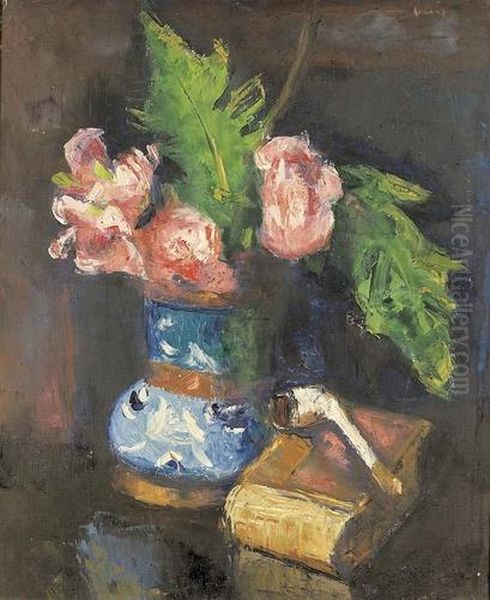 Stillleben Mit Rosen, Buch Und Pfeife. Oil Painting by Manuel Ortiz De Zarate