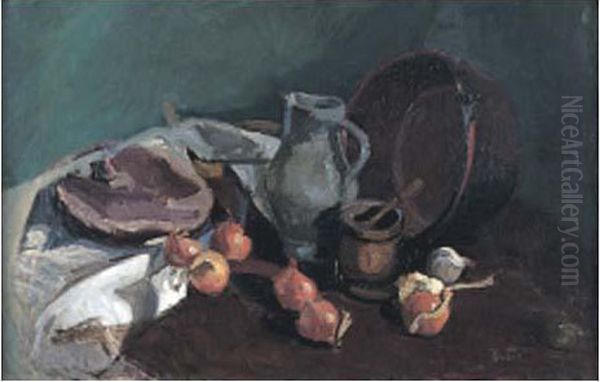 Nature Morte Au Jambon Et Aux Oignons Oil Painting by Manuel Ortiz De Zarate