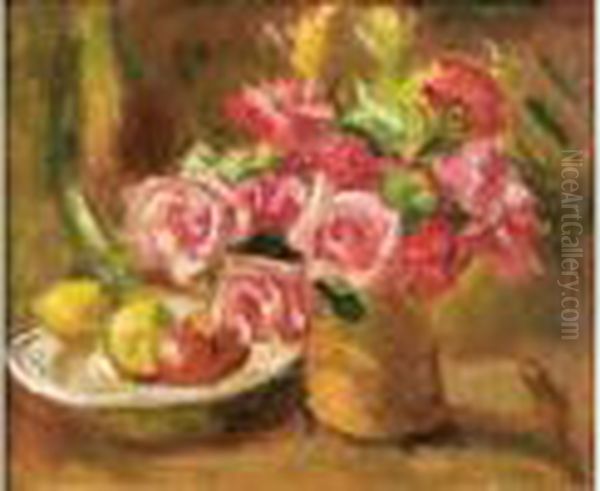 Nature Morte Au Bouquet De Roses Oil Painting by Manuel Ortiz De Zarate