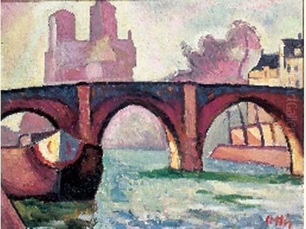 La Seine, Pont De Paris, Circa 1920 Oil Painting by Manuel Ortiz De Zarate