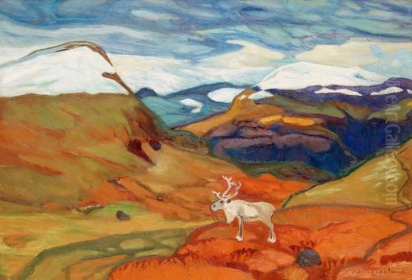 Autumn Landscape With Reindeer Oil Painting by Helmer Osslund