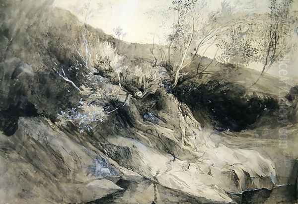 The Rocky Bank of a River - Verso sketch of foliage, c.1853 Oil Painting by John Ruskin