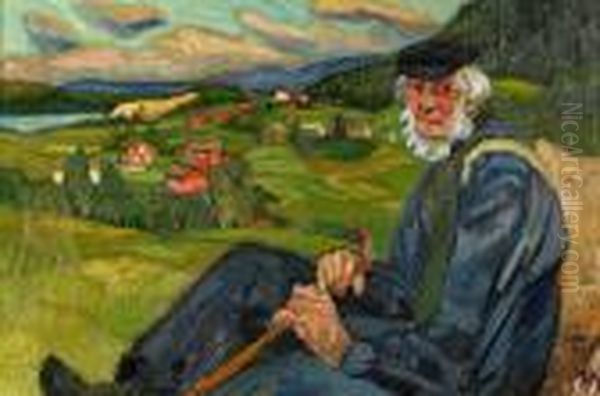 Norrlandskt Landskap Med Sittande Man I Forgrunden Oil Painting by Helmer Osslund